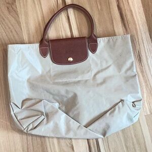Cream and Brown Canvas Tote with Leather Handles